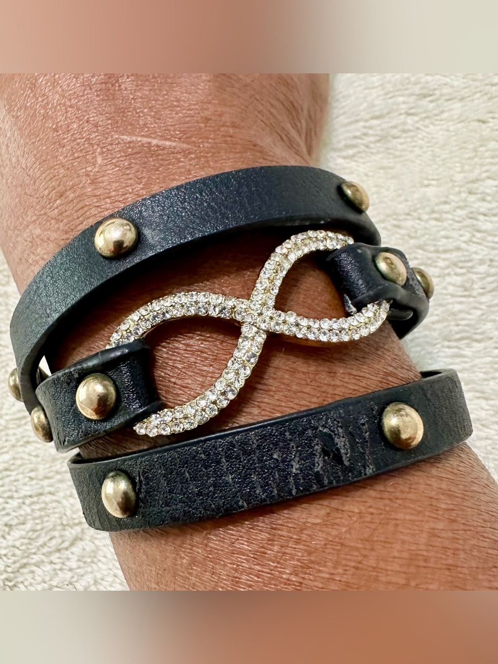 Y2K Black Leather Rhinestone Infinity Wrap Bracelet Choker 23" Studded